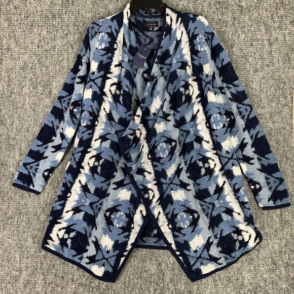 Lucky Brand Sweater Womens L Blue Cardigan Open Front Fleece Tribal Waterfall - Picture 1 of 9